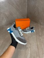 Hermes Bouncing Grey, Blue Logo Sneakers