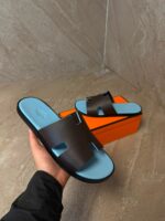 Hermes Izmir Suede Dark Brown / Blue Slippers